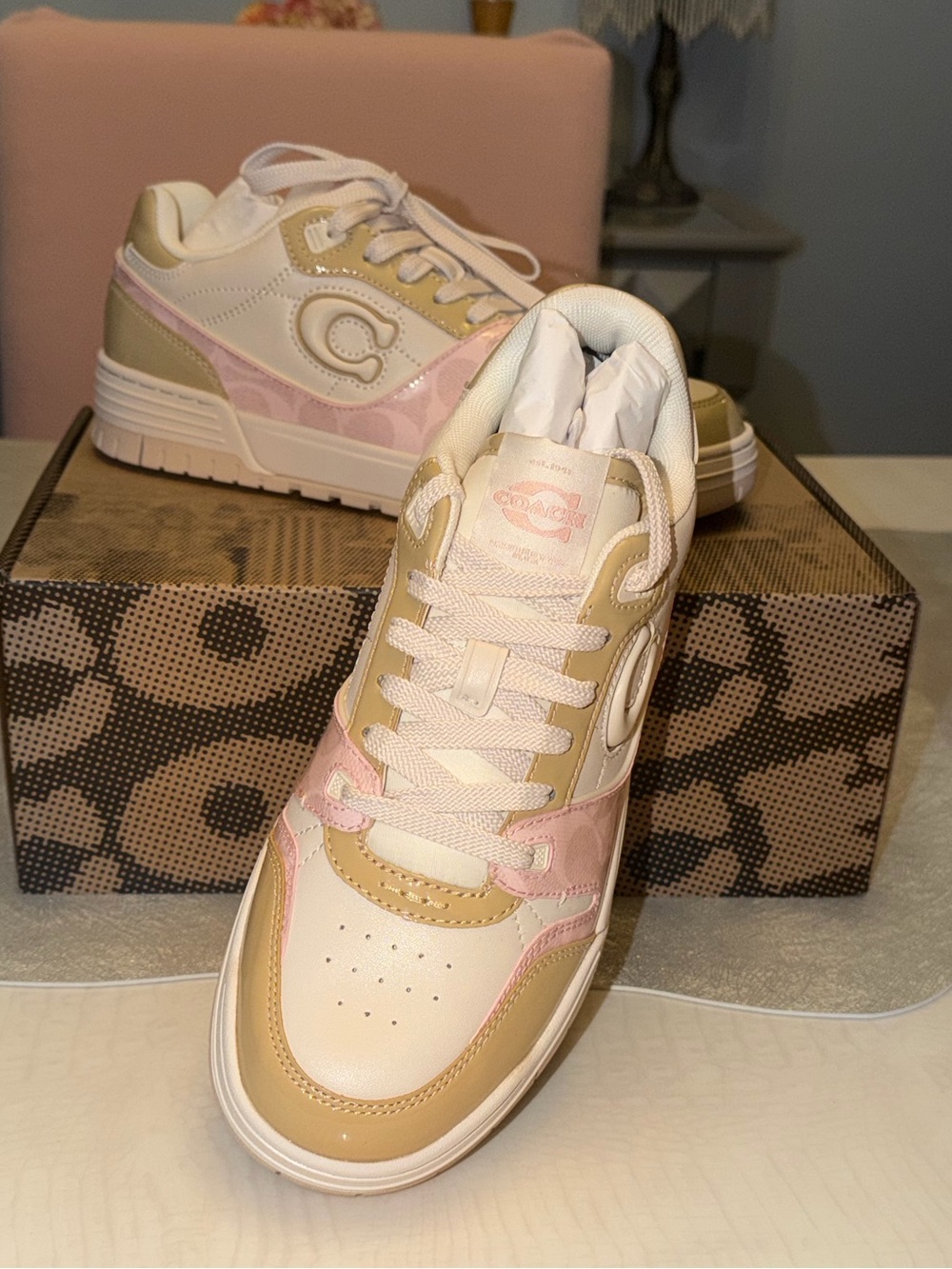 Coach Signature Soho Sneaker in Candy Pink and Light Beige